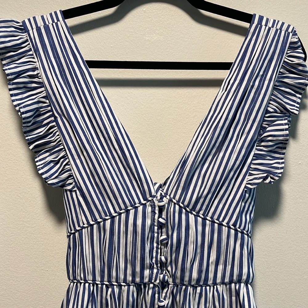 O.P.T. Stella Blue and White Stripped Tiered Ruffle Midi Dress, Seersucker, Size - Picture 8 of 13